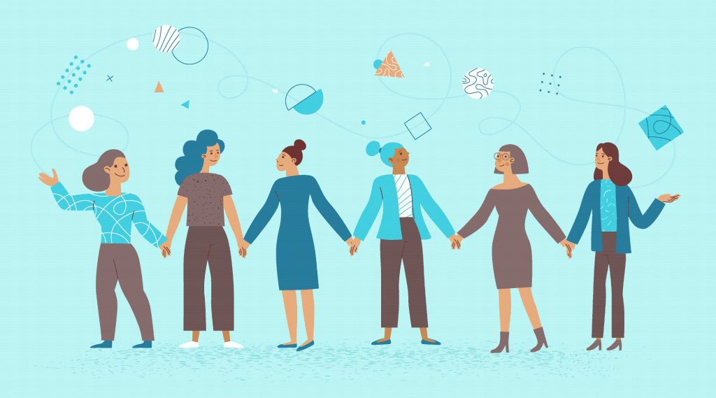 Women in Innovation concept - female business characters holding hands on blue background