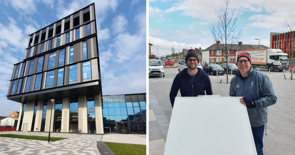 Left image: sbarc | spark building, right image: RedKnight's Co-Directors, Dayne and Peter, moving furniture into the sbarc | spark building