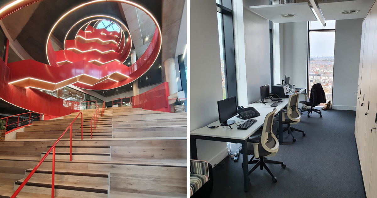 Left: a red spiral staircase, right: our office in the sbarc | spark building